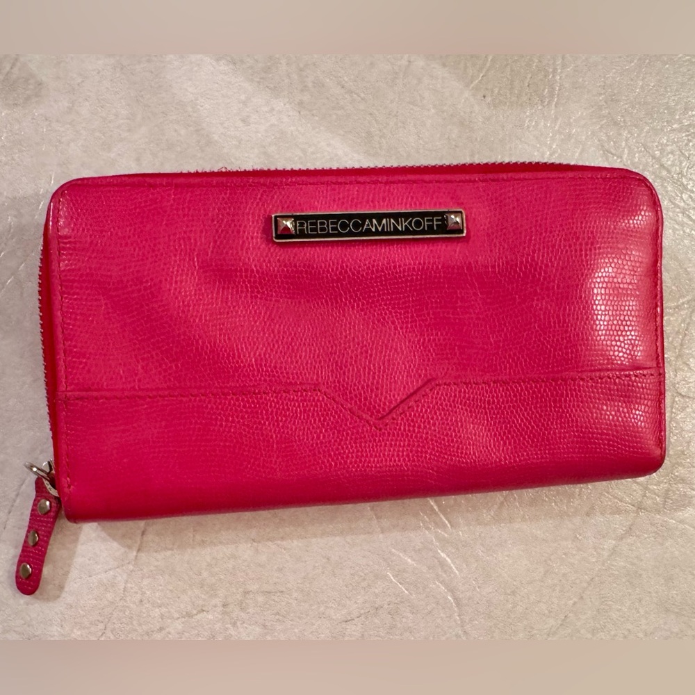 Rebecca Minkoff Fuchsia Leather Zip Around Wallet with Studded Zipper Pulls